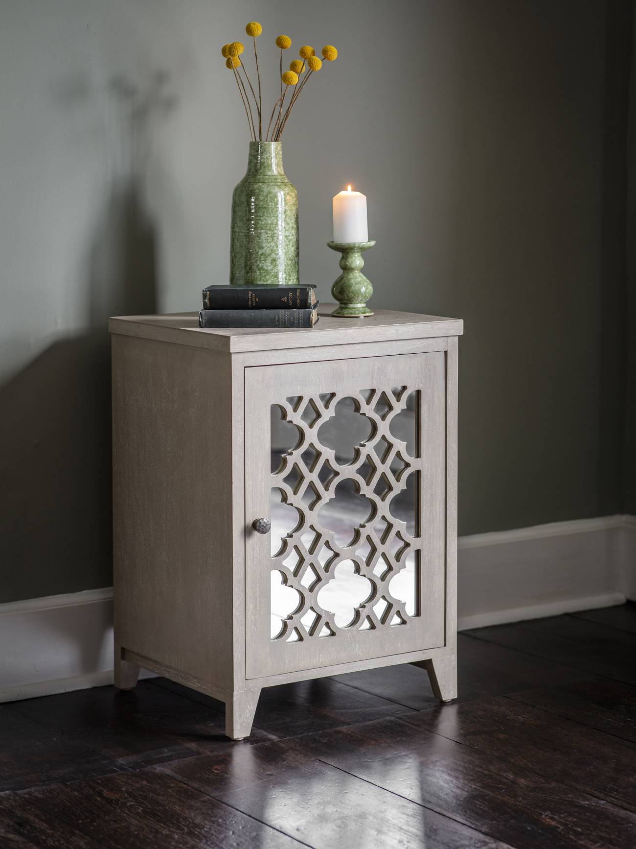 Laura Ashley Grey Greystead Wooden Mirrored Bedside Table